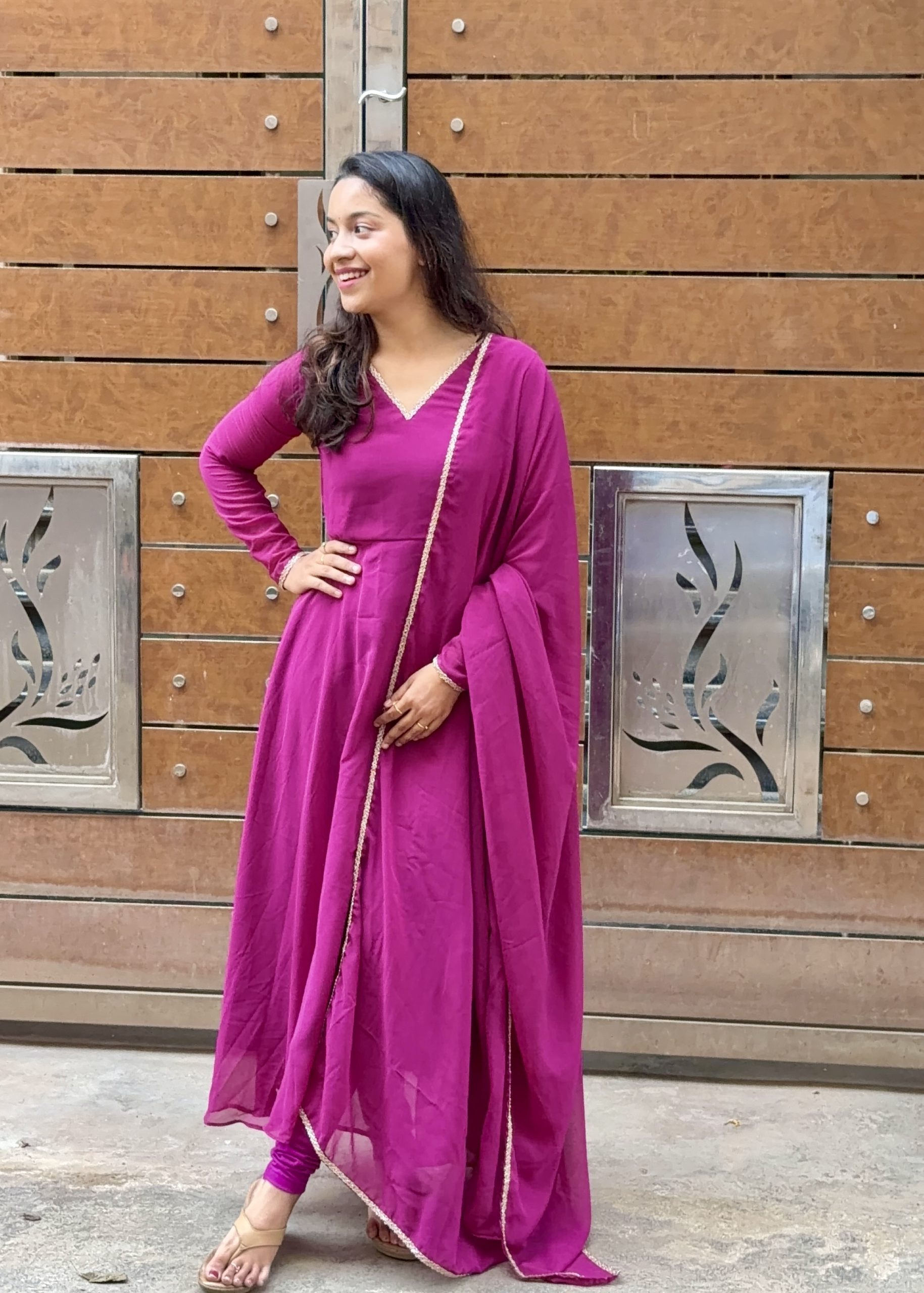 Lace Georgette Anarkali - Wine